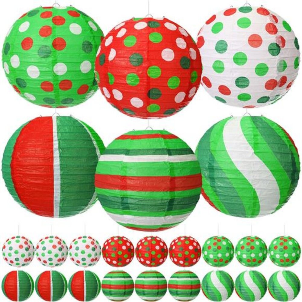 Boao 24 Pcs‎ 8 Inch Christmas Paper Lanterns Red White Green Hanging Lantern